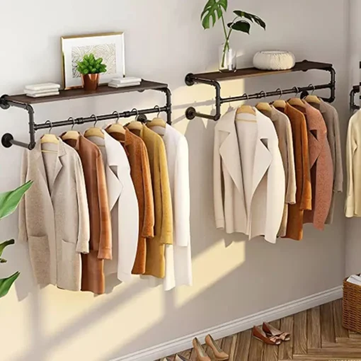 Wall-Mounted Industrial Pipe Clothing Rack with Wooden Shelf and Hooks - Image 3