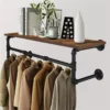 Wall-Mounted Industrial Pipe Clothing Rack with Wooden Shelf and Hooks