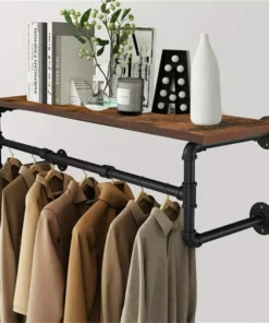 Wall-Mounted Industrial Pipe Clothing Rack with Wooden Shelf and Hooks