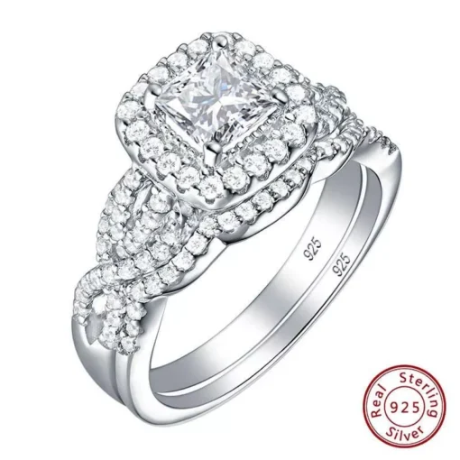 Luxury Princess Cut 925 Sterling Silver Engagement & Wedding Ring Set - Image 5