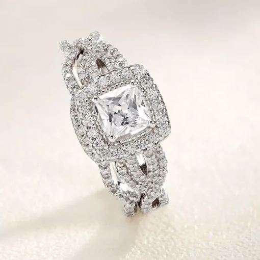 Luxury Princess Cut 925 Sterling Silver Engagement & Wedding Ring Set