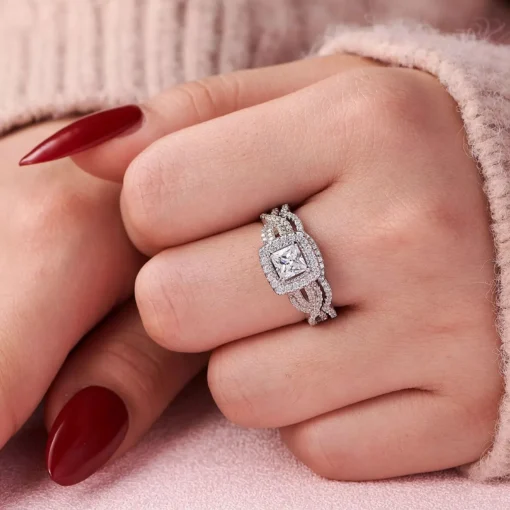 Luxury Princess Cut 925 Sterling Silver Engagement & Wedding Ring Set - Image 3