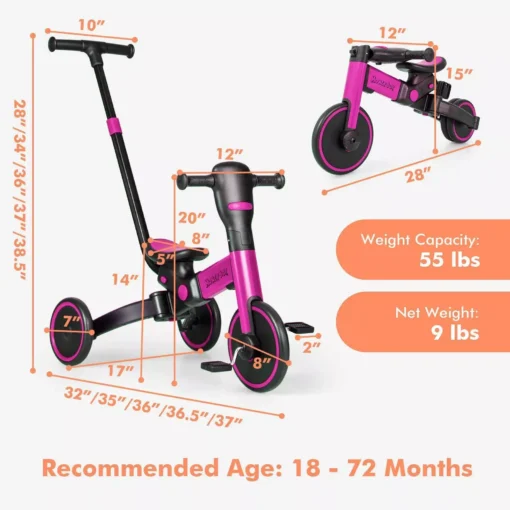 4-in-1 Foldable Toddler Tricycle with Push Handle - Image 8