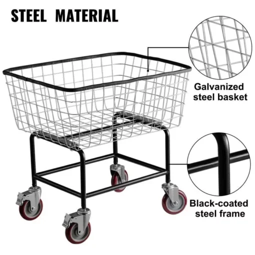 Rolling Laundry Cart 2.5 Bushel – Durable Steel Wire Basket with Wheels