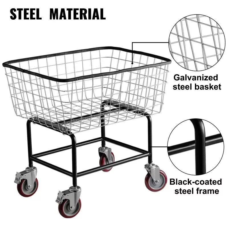 Rolling Laundry Cart 2.5 Bushel – Durable Steel Wire Basket with Wheels