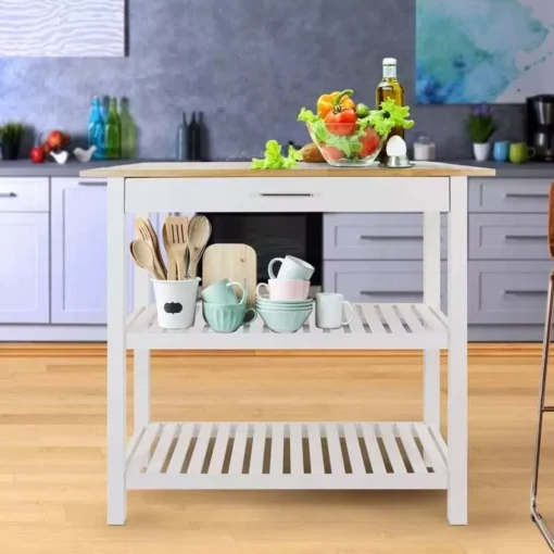 40″ Natural & White Solid Wood Kitchen Island with Storage and Towel Rack