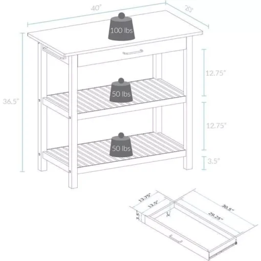40″ Natural & White Solid Wood Kitchen Island with Storage and Towel Rack - Image 6