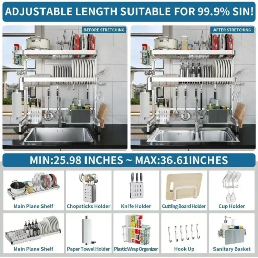Adjustable 3-Tier Stainless Steel Over The Sink Dish Drying Rack - Image 5