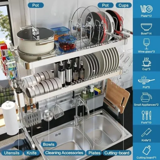 Adjustable 3-Tier Stainless Steel Over The Sink Dish Drying Rack - Image 3