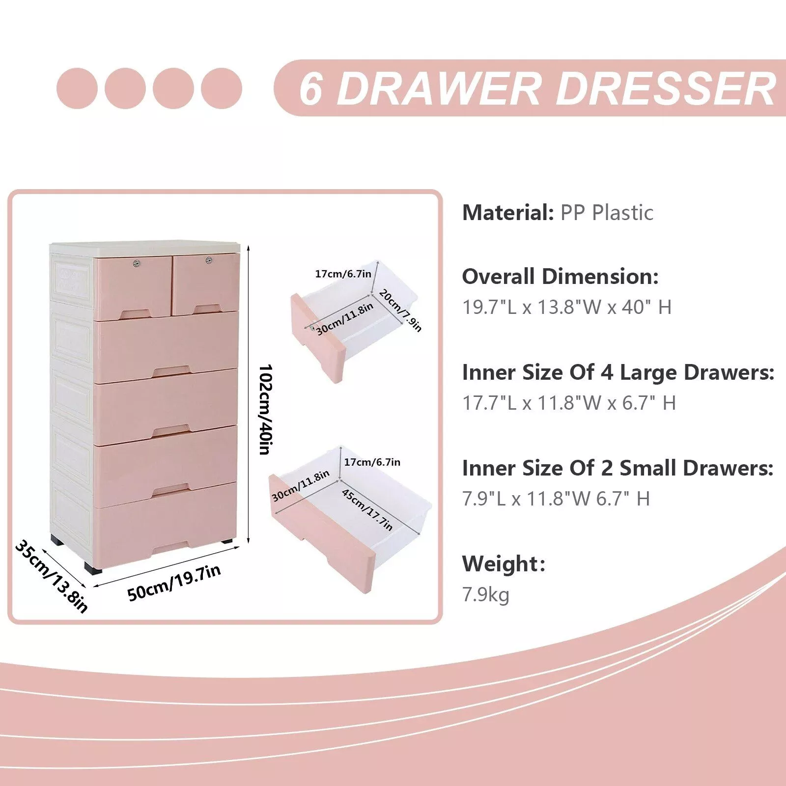 Modern Pink 6-Drawer Plastic Storage Dresser