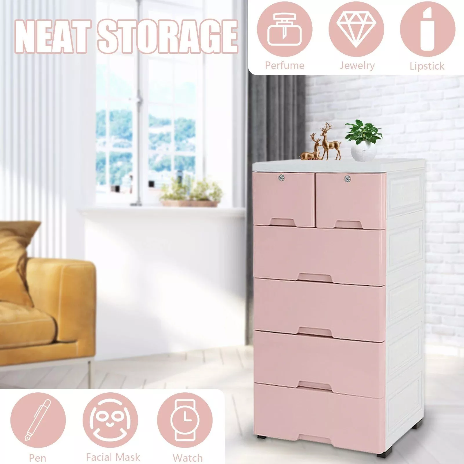 Modern Pink 6-Drawer Plastic Storage Dresser
