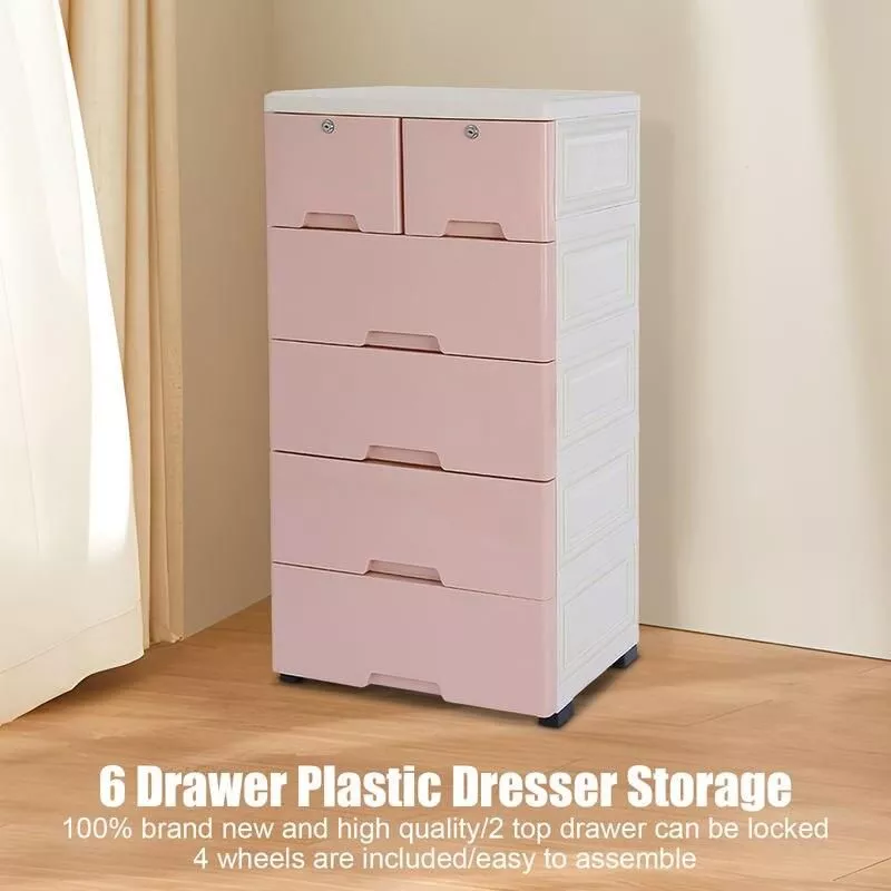 Modern Pink 6-Drawer Plastic Storage Dresser