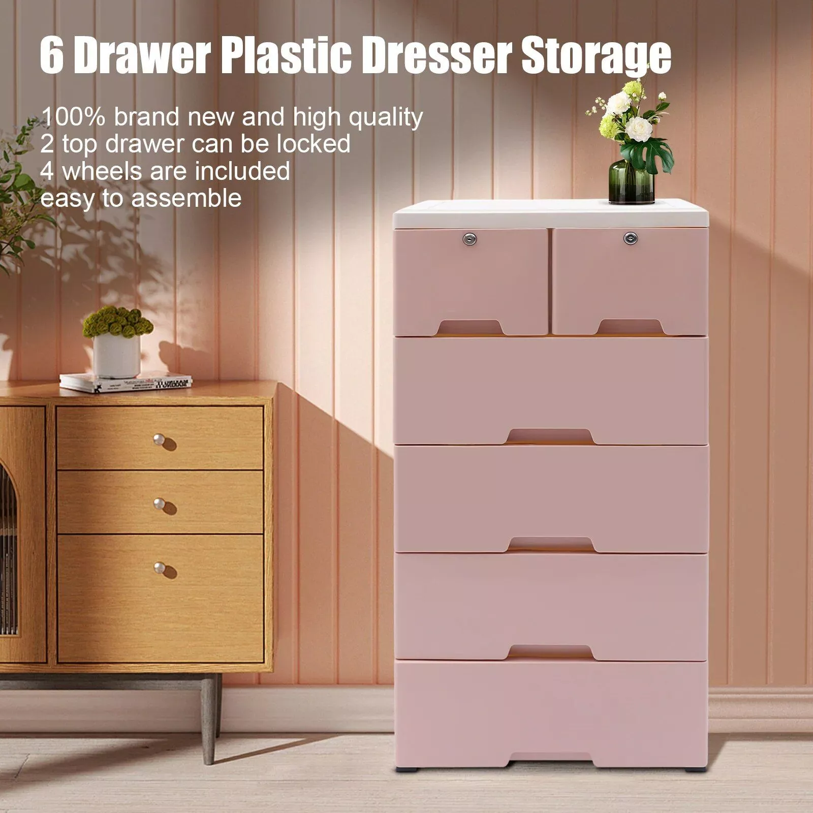 Modern Pink 6-Drawer Plastic Storage Dresser