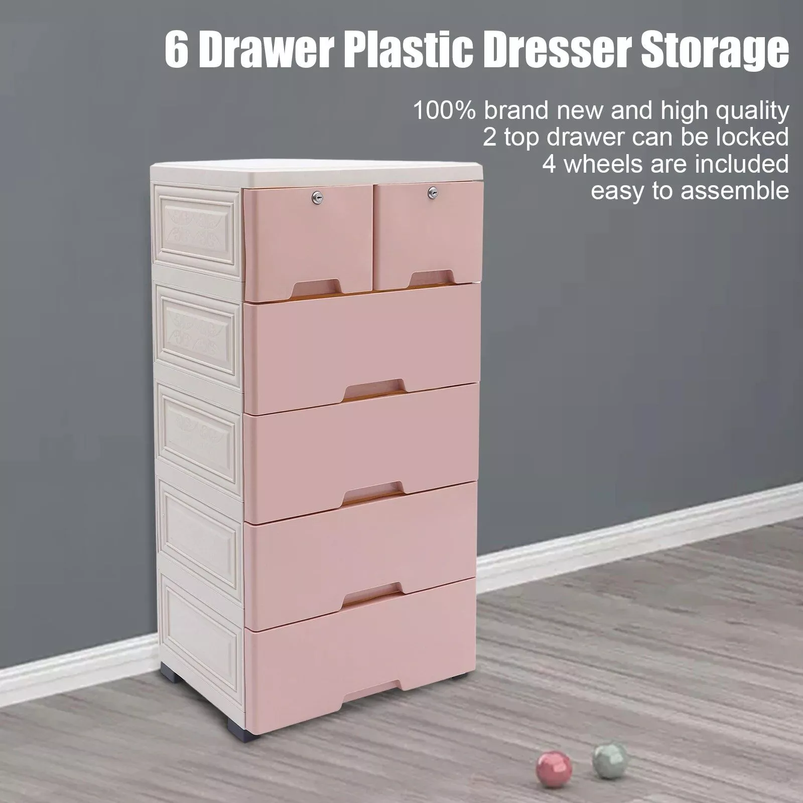 Modern Pink 6-Drawer Plastic Storage Dresser