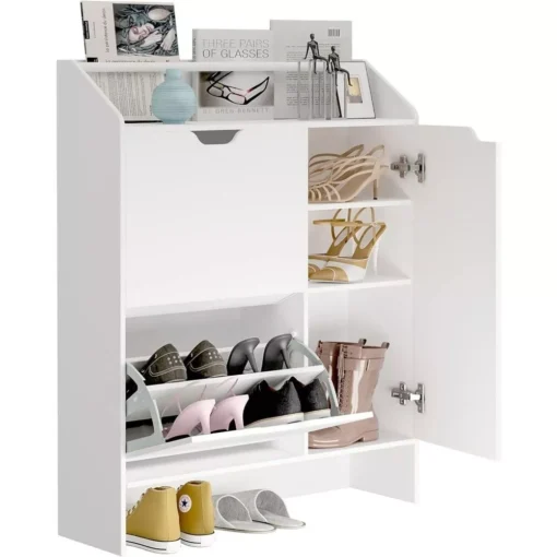Modern White Shoe Storage Cabinet with Top Place Space and 2 Flip Drawers - Image 2