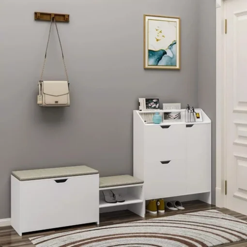 Modern White Shoe Storage Cabinet with Top Place Space and 2 Flip Drawers - Image 7