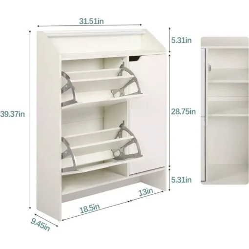 Modern White Shoe Storage Cabinet with Top Place Space and 2 Flip Drawers - Image 3