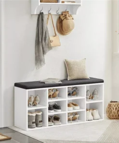 10-Cubbies Wooden Shoe Storage Bench with Cushion Seat