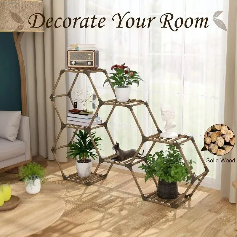 Hexagonal Plant Stand: 7-Tier Wooden Shelf for Stylish Plant Display