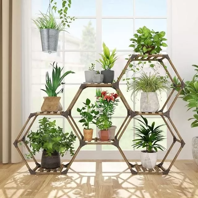 Hexagonal Plant Stand: 7-Tier Wooden Shelf for Stylish Plant Display