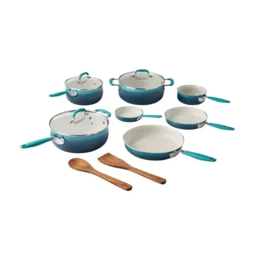 12-Piece Porcelain Enamel Ceramic Cookware Set in Ombre Teal - Image 9