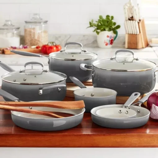 12-Piece Porcelain Enamel Ceramic Cookware Set in Ombre Teal - Image 3