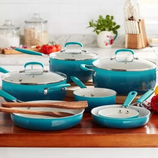 12-Piece Porcelain Enamel Ceramic Cookware Set in Ombre Teal