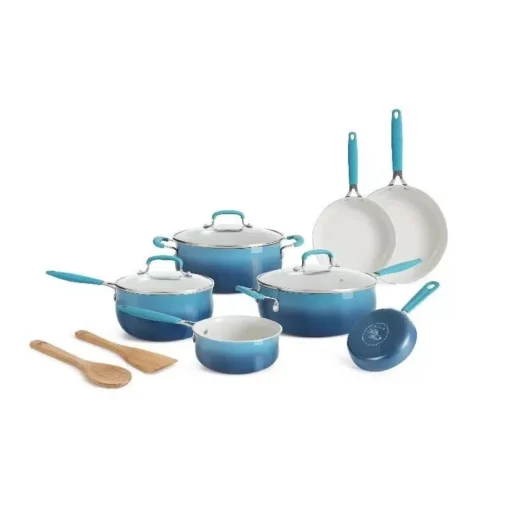 12-Piece Porcelain Enamel Ceramic Cookware Set in Ombre Teal - Image 4