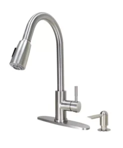 Satin Nickel Pull-Down Kitchen Sink Faucet with Soap Dispenser