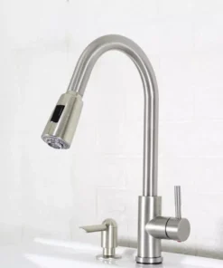 Satin Nickel Pull-Down Kitchen Sink Faucet with Soap Dispenser