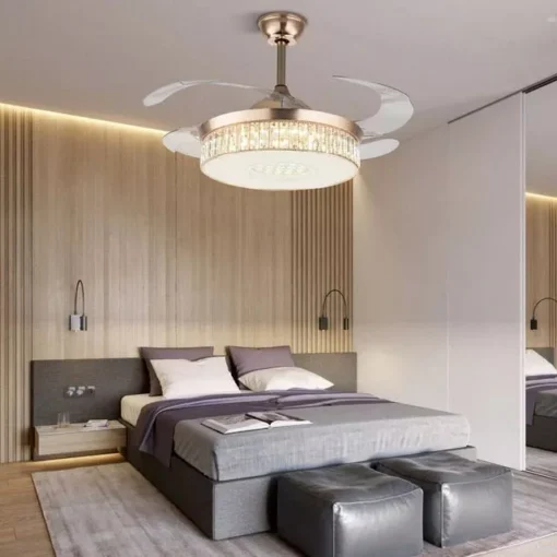 Modern Crystal Chandelier Fandelier 42-Inch Chrome Ceiling Fan with LED Light
