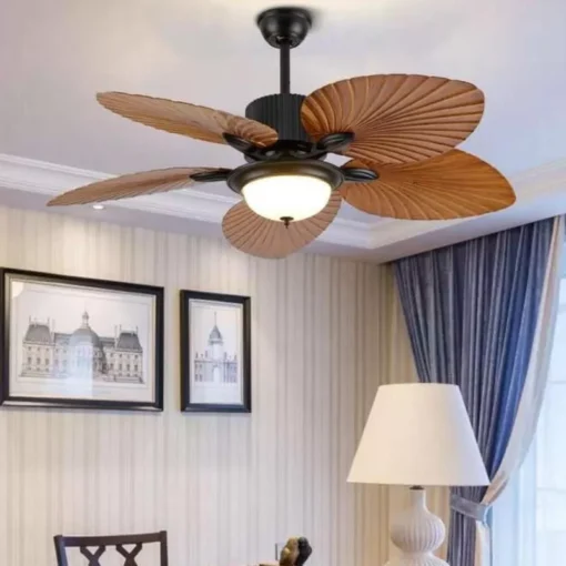 52″ Tropical Palm Leaf Blade Ceiling Fan with Dimmable LED Chandelier and Remote Control