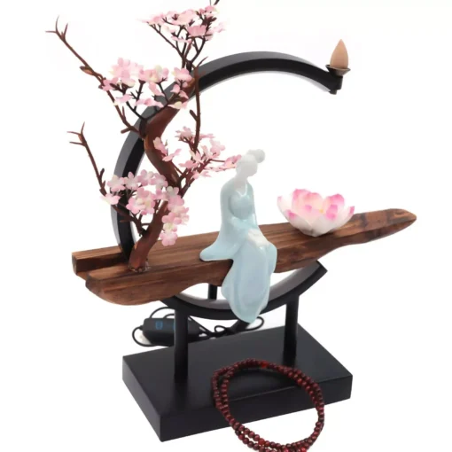Ceramic Waterfall Backflow Incense Burner with LED Peach Blossom Light - Image 6
