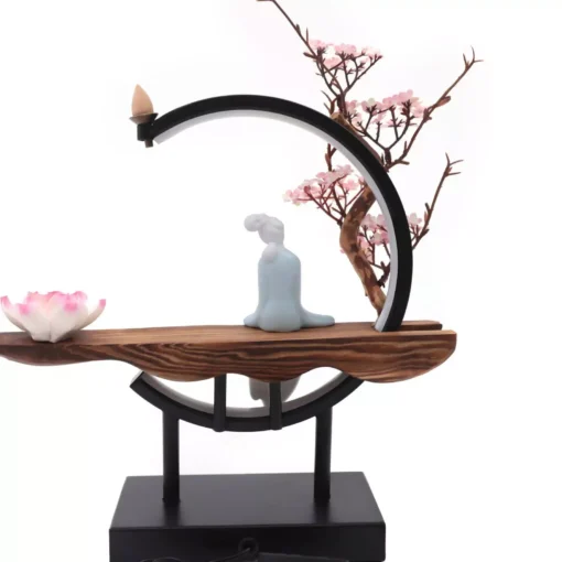 Ceramic Waterfall Backflow Incense Burner with LED Peach Blossom Light - Image 5