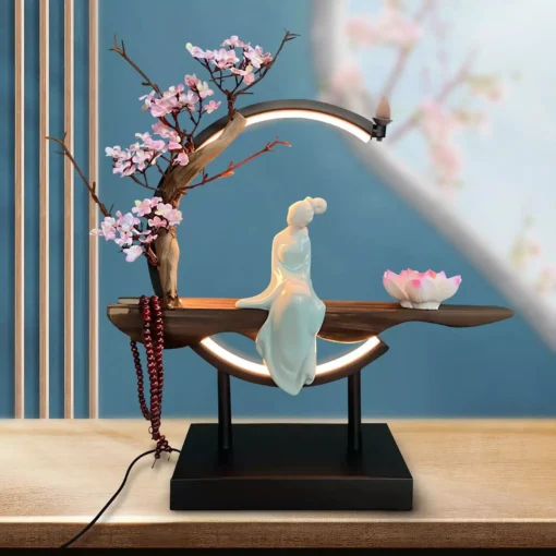 Ceramic Waterfall Backflow Incense Burner with LED Peach Blossom Light - Image 3