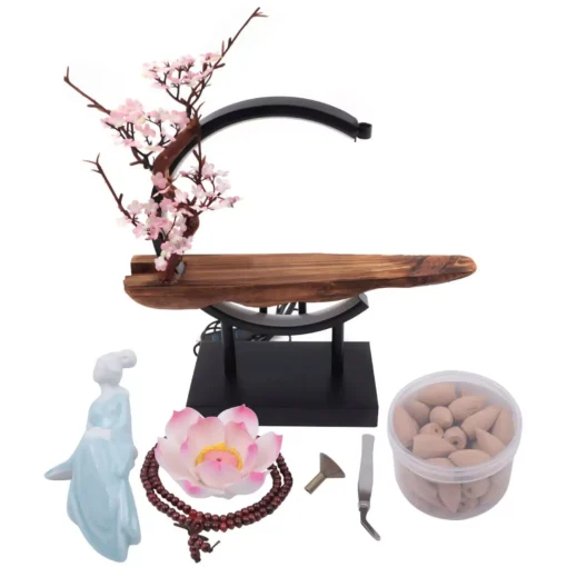 Ceramic Waterfall Backflow Incense Burner with LED Peach Blossom Light - Image 7