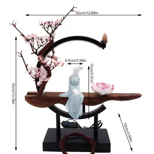 Ceramic Waterfall Backflow Incense Burner with LED Peach Blossom Light - Image 4