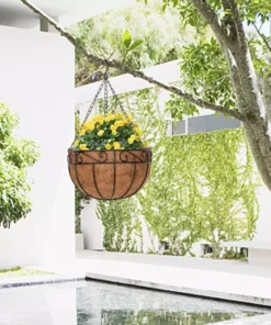 Elegant 10″ Round Iron & Coconut Palm Hanging Basket Set