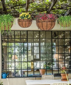 Elegant 10″ Round Iron & Coconut Palm Hanging Basket Set