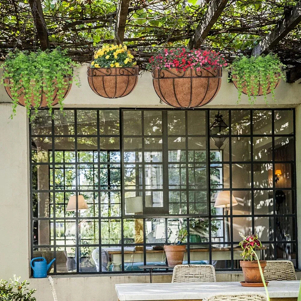 Elegant 10″ Round Iron & Coconut Palm Hanging Basket Set