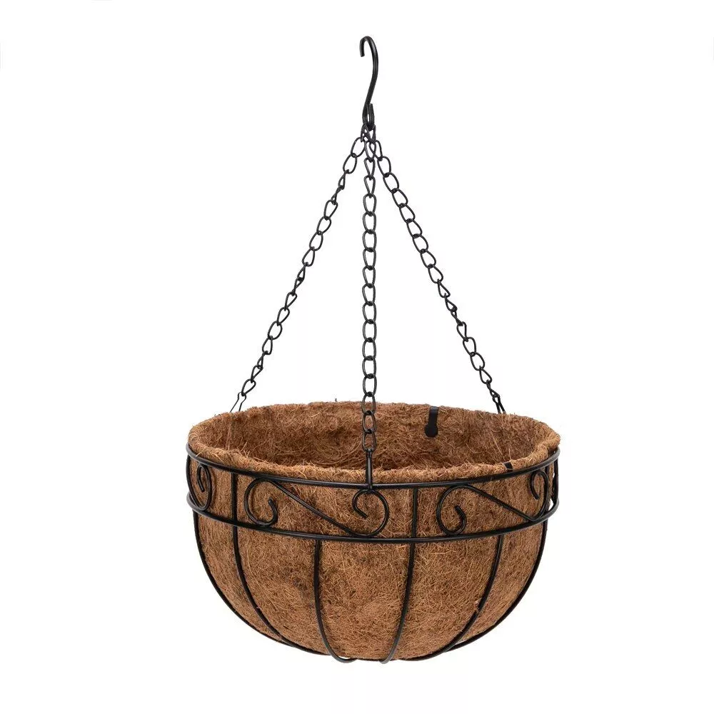 Elegant 10″ Round Iron & Coconut Palm Hanging Basket Set