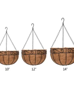Elegant 10″ Round Iron & Coconut Palm Hanging Basket Set