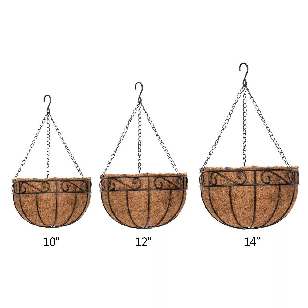 Elegant 10″ Round Iron & Coconut Palm Hanging Basket Set