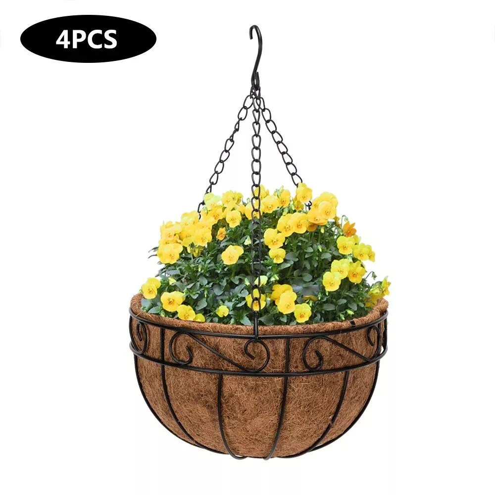 Elegant 10″ Round Iron & Coconut Palm Hanging Basket Set