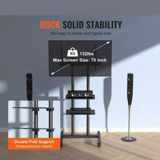 Adjustable Mobile TV Stand with Wheels & Dual Trays - Image 3