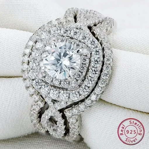 Sterling Silver 3Pcs Wedding Ring Set - Image 2