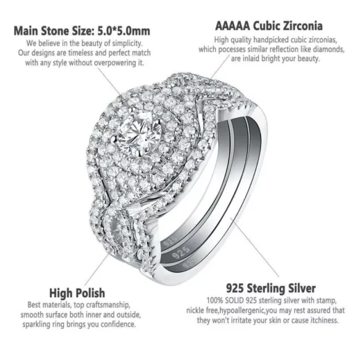 Sterling Silver 3Pcs Wedding Ring Set - Image 6