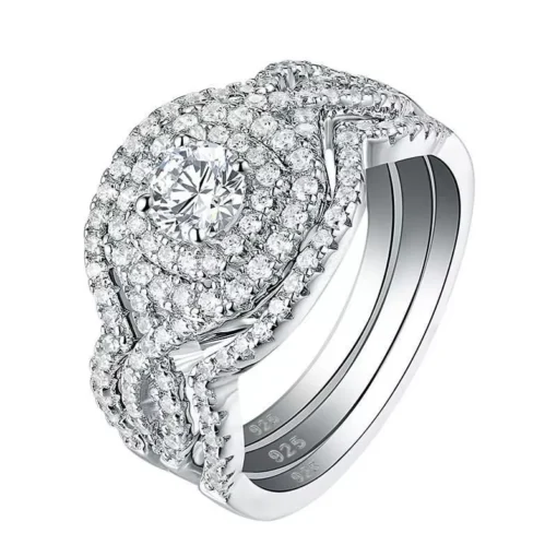 Sterling Silver 3Pcs Wedding Ring Set