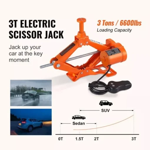 Portable 12V Electric Scissor Jack 3 Ton/6600 lbs for SUV & Sedan Tire Change
