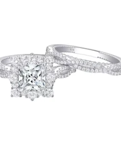 Elegant 925 Sterling Silver Princess Cut Engagement Ring Set